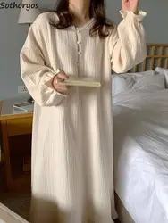Long Sleeve Nightgowns Women Simple Cute Nightdress Korean Autumn Sweet Girls Round Neck Sleepwear Fashion Leisure Cozy Lounge
