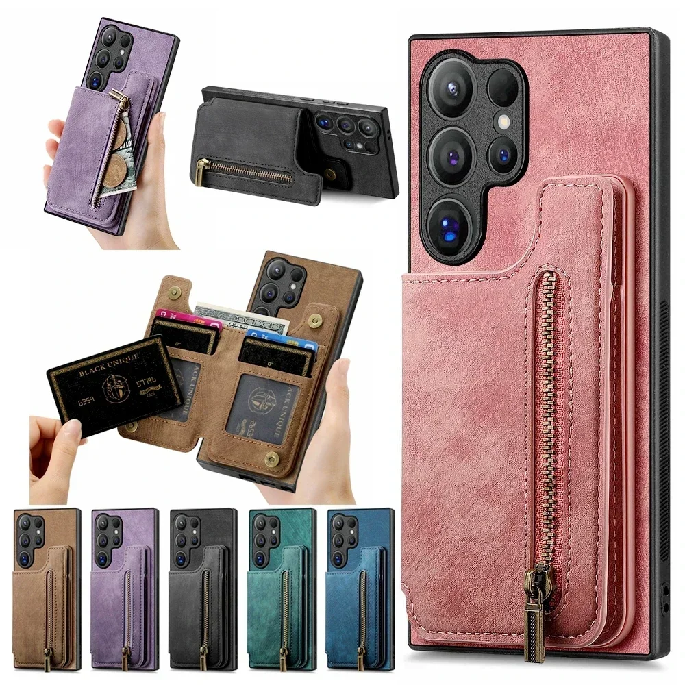 Magnetic Zipper Leather Wallet Phone Case - Premium Protective Cover with Card Slots and Kickstand