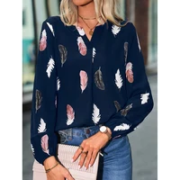Mode femme Blouse chemises pour femmes haut élégant à manches longues motif de plumes femmes hauts élégant en mousseline de soie Mujer femme vêtements 4