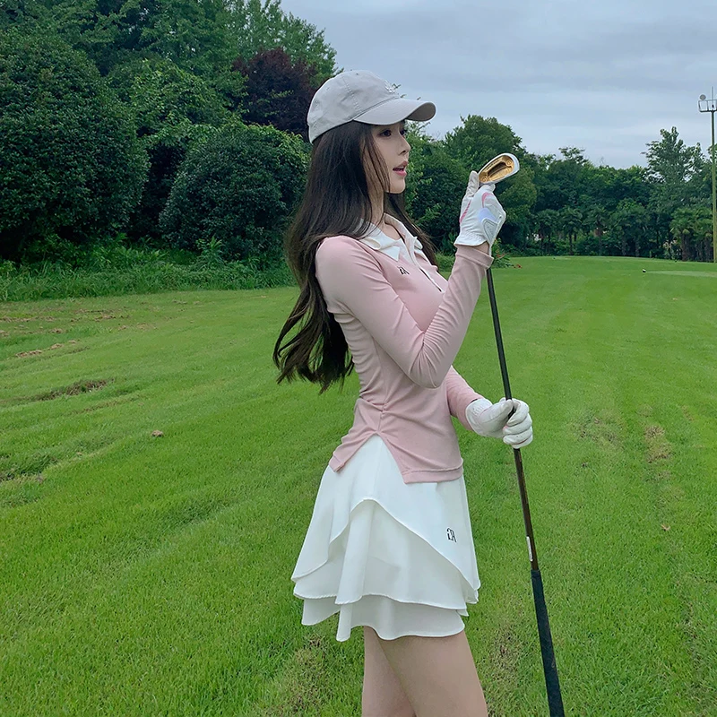 New Breathable Sunscreen Golf Polo Shirt Long Sleeve Top Women's Short Skirt Summer Autumn Female Wave Pleated Skort