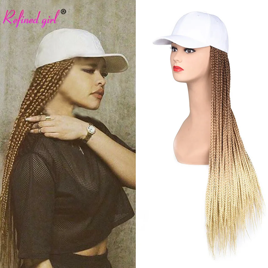 Baseball Cap Wig 24 inch long Ombre Blonde Braiding Hair with Hat Braided Box Braids Attached for Women Hat with Hair Extensions