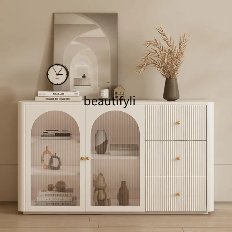 

French Sideboard Cabinet Integrated Wall Light Luxury Living Room Solid Wood Side Cabinet Simple Modern Storage Storage Cabinet