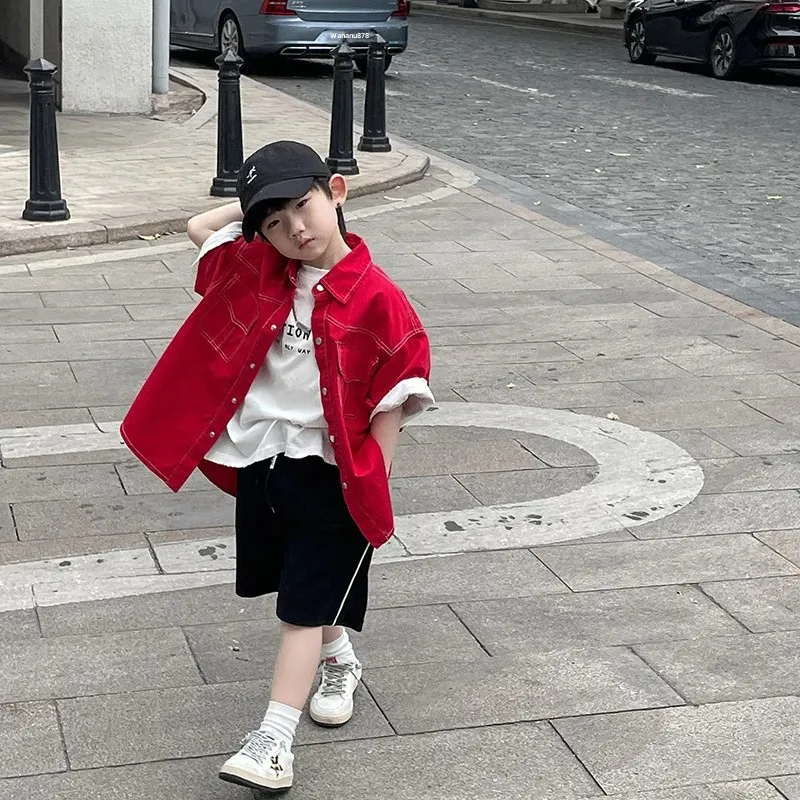 Loose Short Sleeve Children's Shirt for Boys Red Half Sleeve Spring New Year's Outfit Japanese Style Kids' Loose Shirt