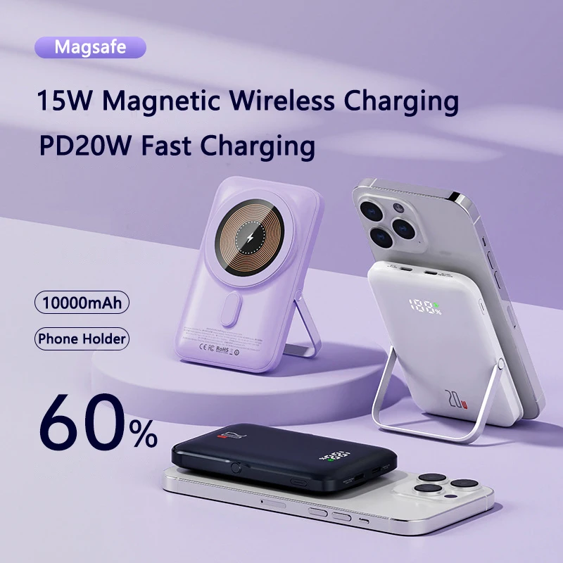 

Внешний аккумулятор 15 Вт с магнитной беспроводной зарядкой, Пауэр банк 20 Вт для iPhone 15 14 12 11 pro Huawei P60 VIVO Xiaomi PD