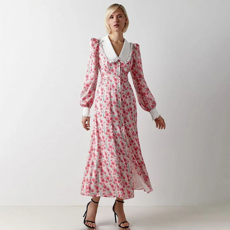

Fashion Print Office Women Dresses 2023 Elegant Doll Collar Long Sleeve Midi Dress Casual Single Breasting Female Dress