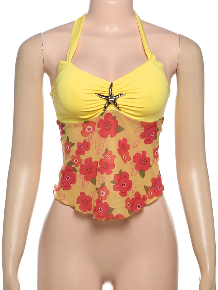 Nibber Patchwork Starfish Halter Tank Tops Women Sexy Y2K Mesh Flowers Summer Fashion Wild Basic Daily Streetwear Hipster Vest