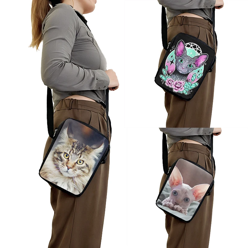 Women Messenger Bag Women Tote Bags Cute Black Maine Cats / Sphynx Cat Print Shoulder Bag Women Handbags Small Clutch Messenger Bag Girls Crossbody Bags