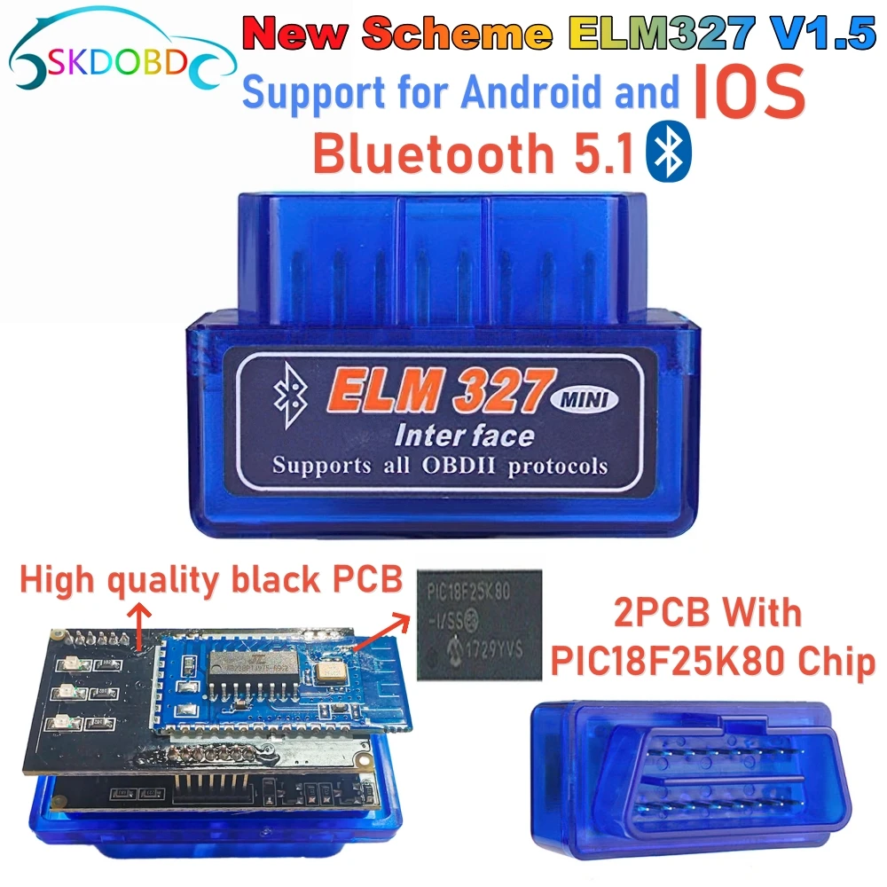 ELM327 Bluetooth 5.1 Mini ELM327 v1.5 With PIC18F25K80 Chip OBD2 Scanner Car Diagnostic Tool Code Reader For IOS Android Windows