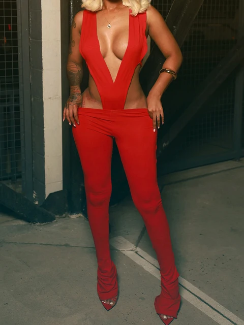 Sisterlinda Sexy Wild Style 2Piece Set Women Deep V-Neck Sleeveless Irregular Bodysuit+Skinny Peach Hip Pant Street Fashion Suit