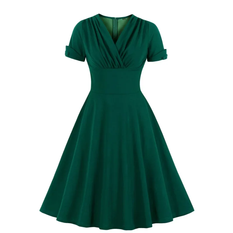 

Solid Green Ruched V Neck Wrap1950S Vintage Swing Dresses for Women Summer Outfit Woman Clothes A Line Elegant Party Midi Dress