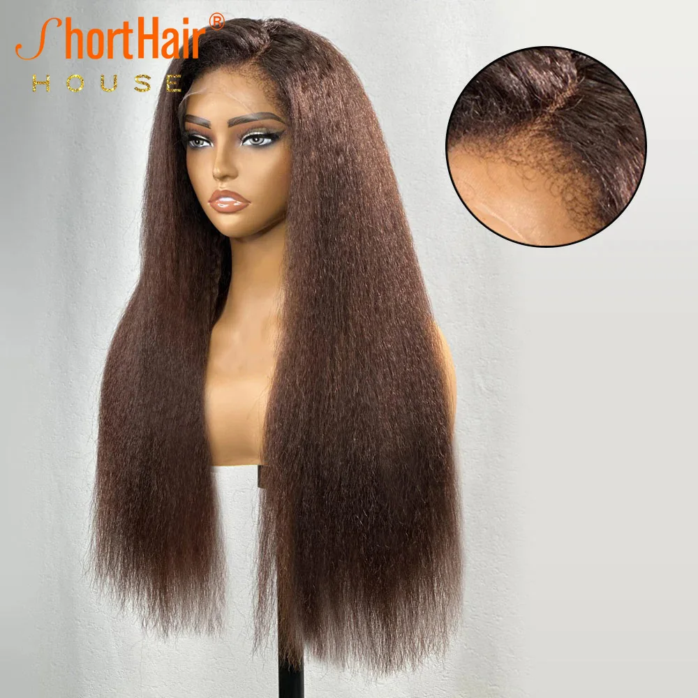 Brown Human Hair Wigs 4C Hairline Kinky Straight Lace Wigs Glueless 13x4 Lace Frontal Closure