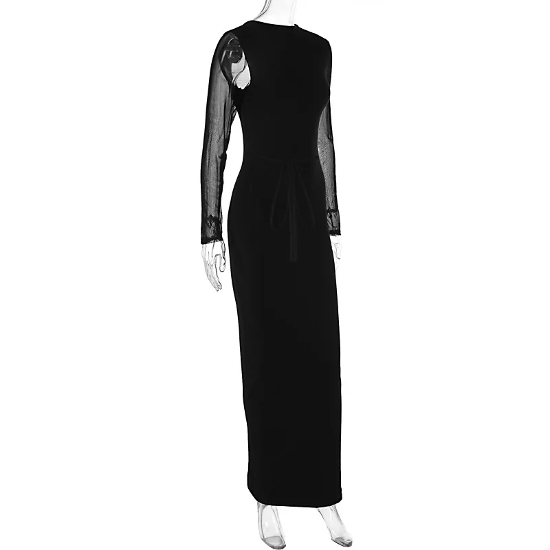 Vestido largo de malla con encaje y aberturas - Elegante vestido de fiesta con escote en V y banda elástica