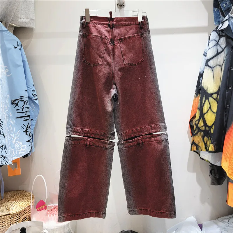 2023 New Women Cargo Pants Red Wine Wide Leg trousers Broken Holes Grunge Punk Painted Casual Empire Long Denim Capris Jeans