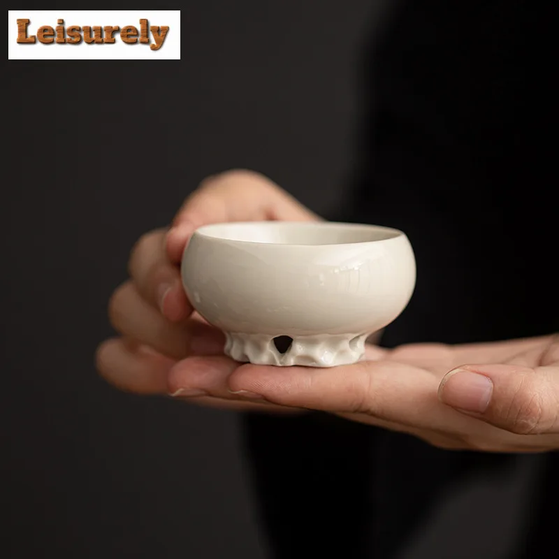 Retro Grass Ash Ceramic Tea Cup Lake Stone Base Single Master Cup Tasting Tea Small Bowl Meditation Cup Household Kung Fu Teaset