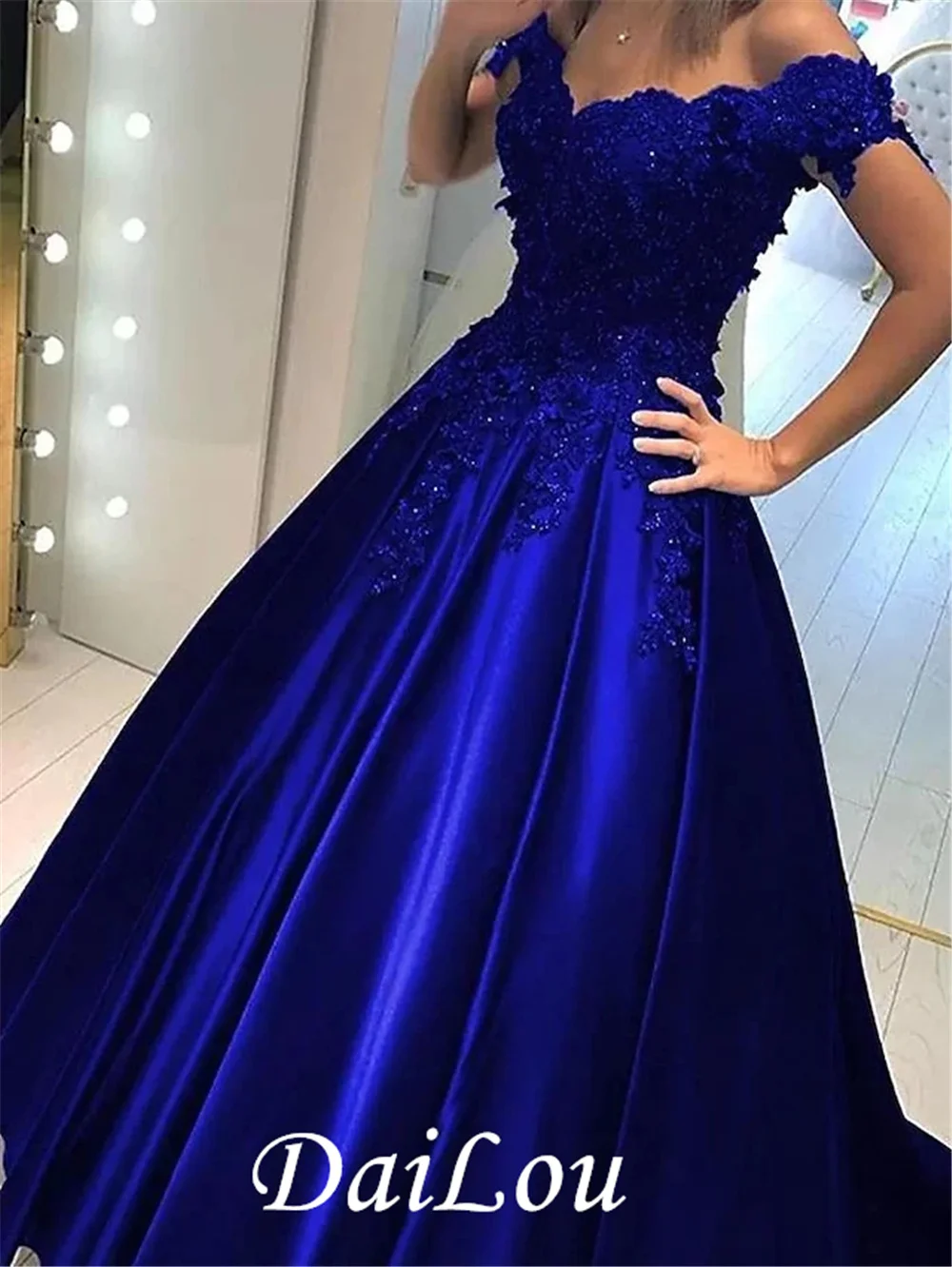 

A-Line Evening Dresses Sparkle & Shine Princess Dress Engagement Prom Off Shoulder Short Sleeve Satin with Beading Appliques