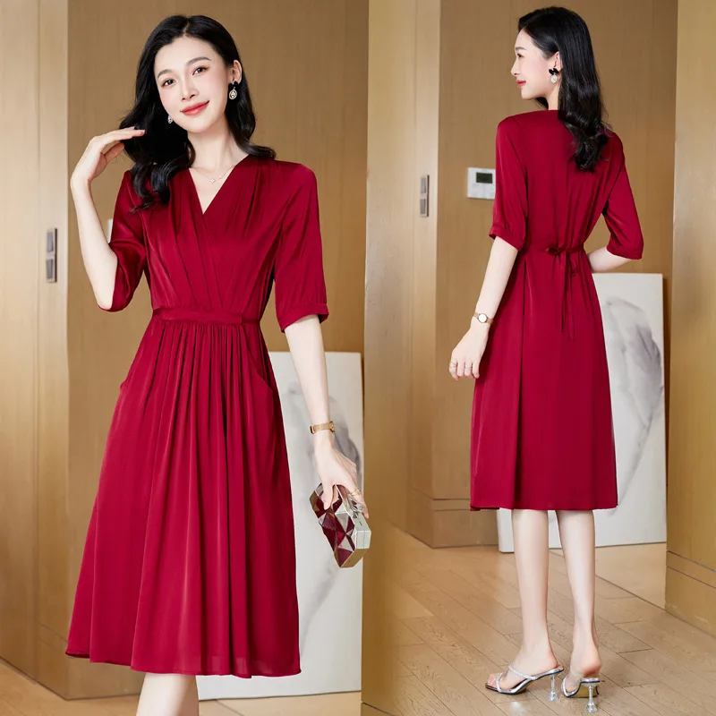 Birdtree 19MM 91.8% Real Silk 8.2% Spandex Dress 2026 Autumn New V-neck Style Versatile Elegant Dresses For Women D39751QC