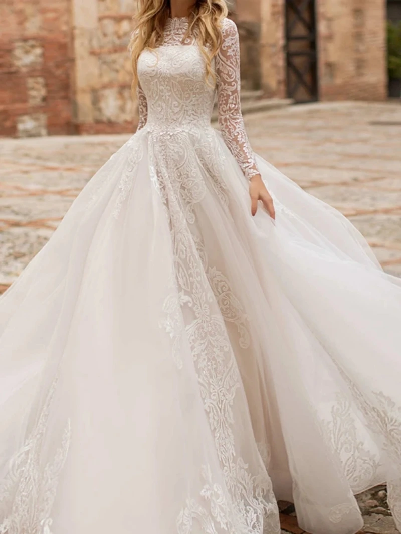 Exquisite Wedding Dresses For Women A-Line Tulle Robs Lace Appliques Luxury Bridal Gowns Long Sleeves Elegant Vestidos De Novia