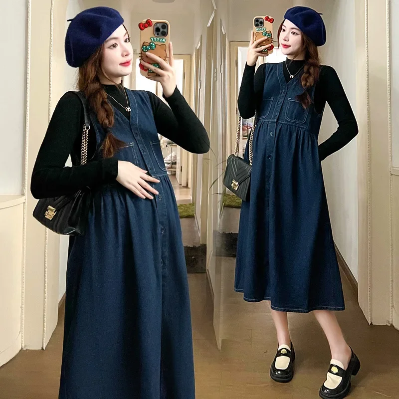 New Autumn High Neck Top plus Korean Style Denim Overalls Two-Piece Set Maternity Clothes Cover Belly Slimming Trendy