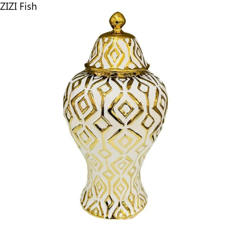 Golden Geometric Stripes General Tank Porcelain Ginger Jar Gold-plated Flowers Vase Dresser Table Jewelry Cosmetic Container 6