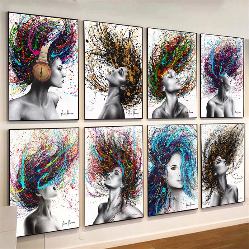 

Modern Abstract Wall Art Colored Hair Woman Canvas Painting Figure Posters and Prints Hanging Pictures for Living Room Decor