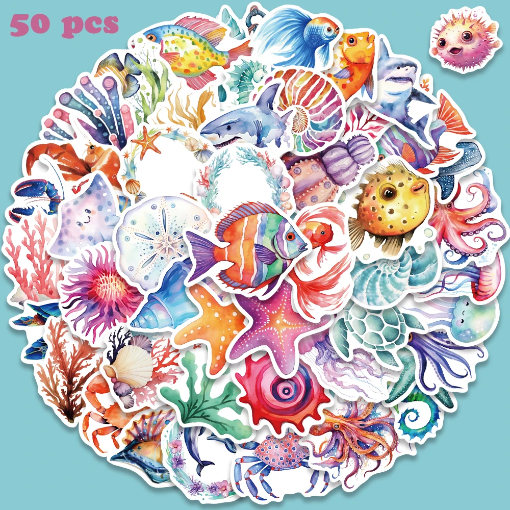 50pcs Aquatic Colorful Marine Animals Stickers For Laptop Water Bottle Suitcase Skateboard Scrapbook Graffiti Decals Stickers