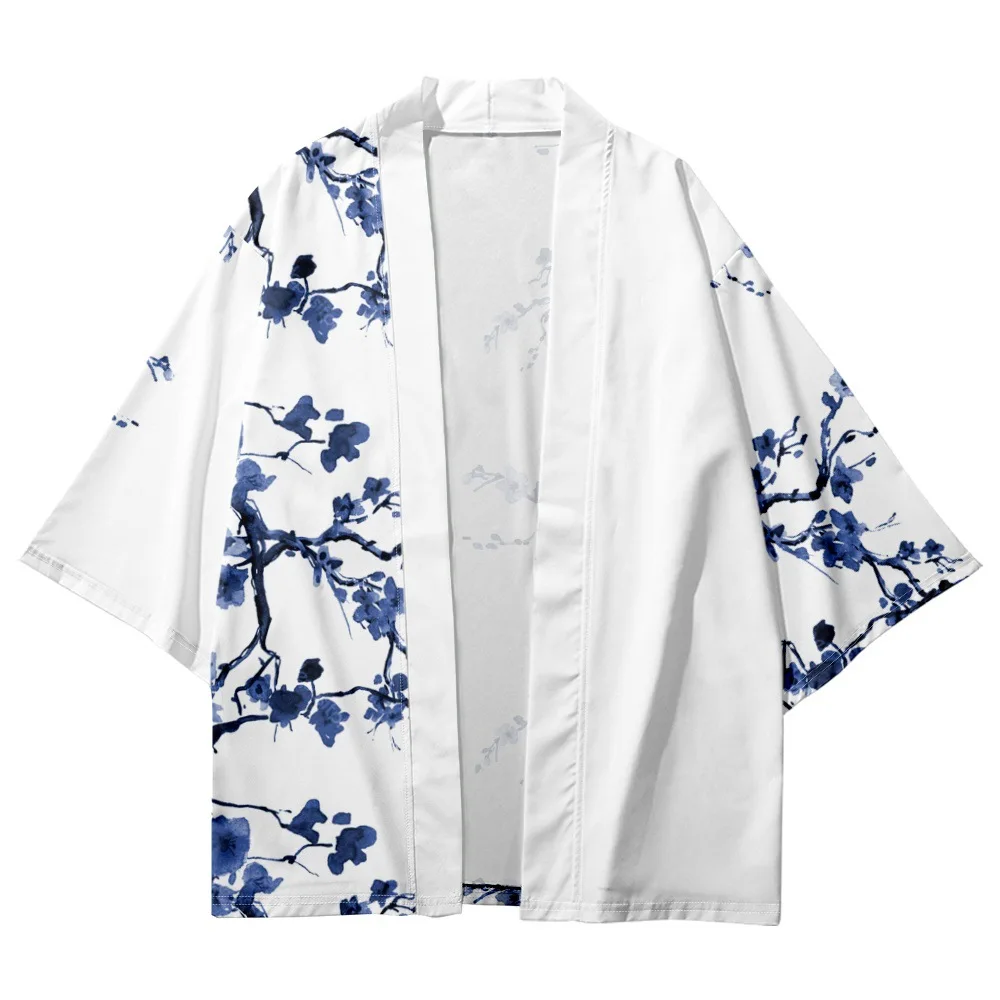 2023 Summer Beach Women Kimono Blue Flower Printed 3/4 Sleeve Shirt Haori Fashion Casual Kimono Yukata Men Traditional Top