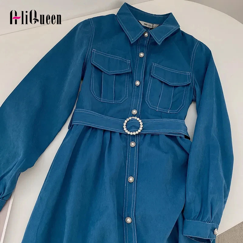 

Women Retro Casual Blue Midi Dress Female Temperament Lapel Long Sleeve Single Breasted A Line Shirt Dresses Vestido De Mujer