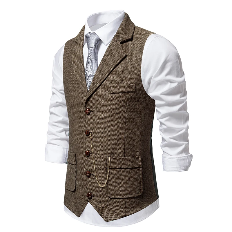Men's Retro Lapel Chain Vest Fashion Herringbone Coarse Tweed Pockets Suit Vest British Casual Vintage Gentleman Leisure Party 5