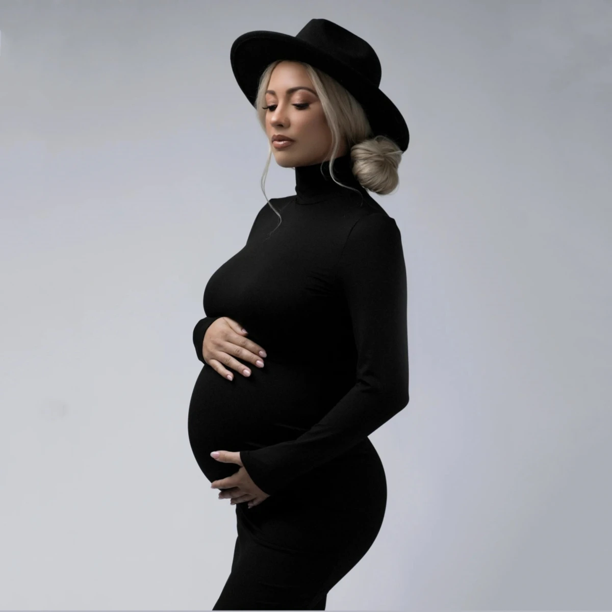High Neck Full Sleeve Maternity Skinny Dress For Photography Pregnant Woman Stretchy Long Dress