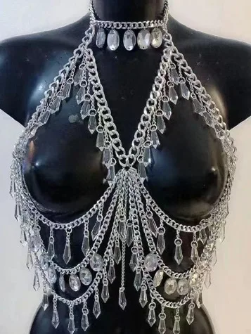 

2023 Sexy acrylic sequin crystal pendant spliced metal chain Fashion cutout body chain