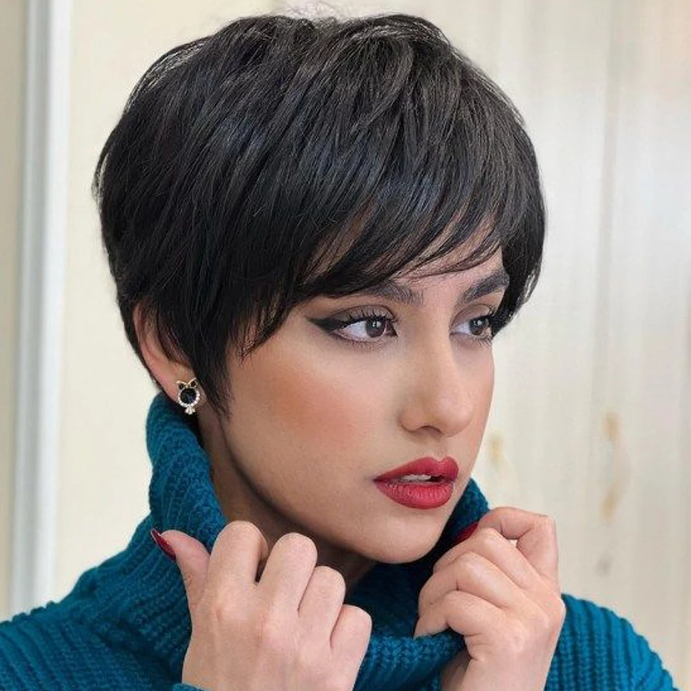 

Natural Black Layered Wig 100% Remy Human Hairs for Afro Black Women Short Pixie Cut Human Hair Full Machine Made Bob Cheap Wigs