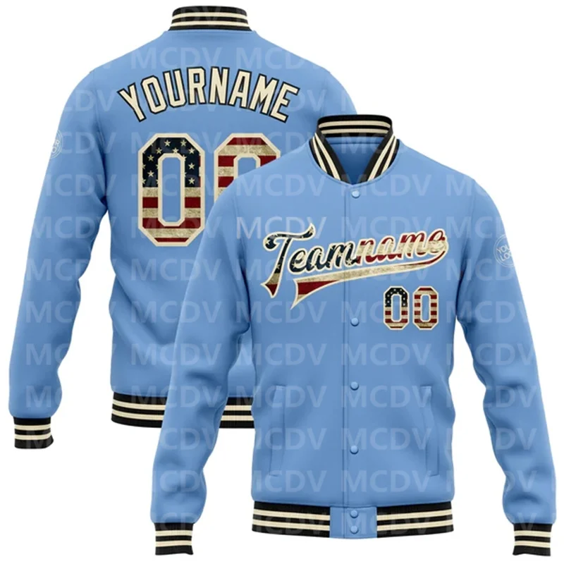 Custom Light Blue Vintage USA Flag Or-Black Bomber Full-Snap Varsity Letterman Jacket Baseball Button Jacket light blue summer sun hat dinosaur printing baseball baby cartoon peaked for kid child suitable for 1 6 years old 48 52cm