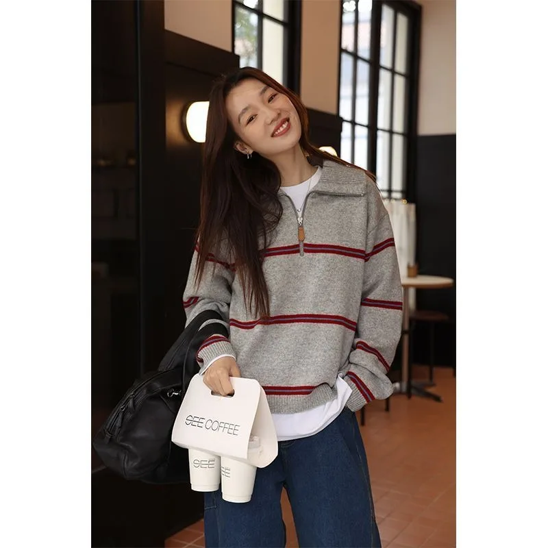 

Korean Academy Stripe Contrast Sweater Pullover 2023 Autumn New Versatile Half Zip Polo Long Sleeve Sweater Coat Women Pullover