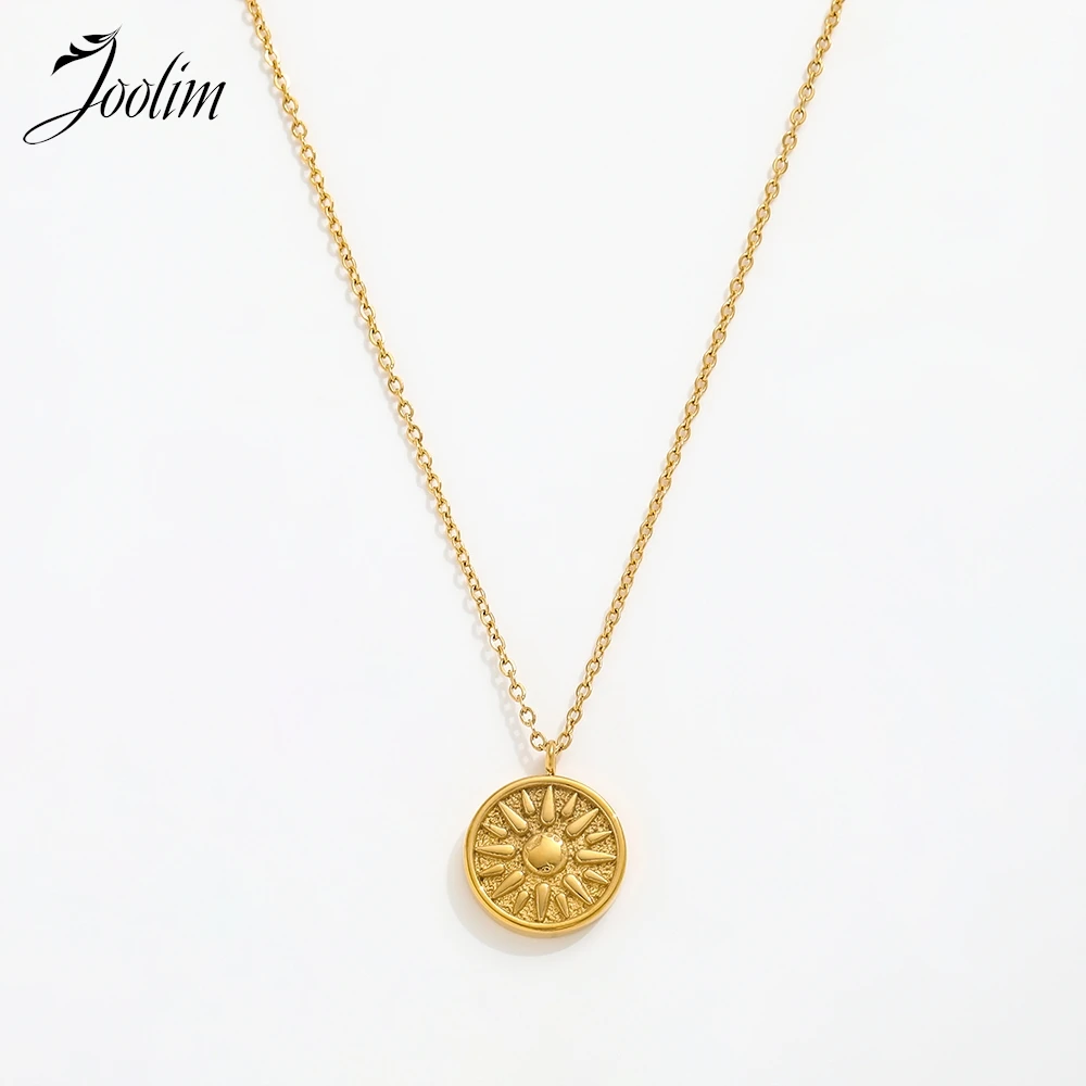 

Joolim Jewelry Wholesale Waterproof&No Fade Fashion Classic Unique Sun Burst Coin Pendant Stainless Steel Necklace for Women