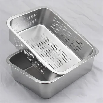 304 tray stainless steel Storage Trays leak plate hole Mesh Strainer Colander wash vegetable basin drying water filter basin lid