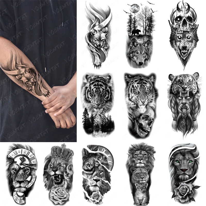 Tattoo Sticker Tiger Lion Wolf Waterproof Temporary Tattoo Sticker For Men Tribal Transfer Flash Tatoo Arm Sleeve Body Art Fake Tattoos Women