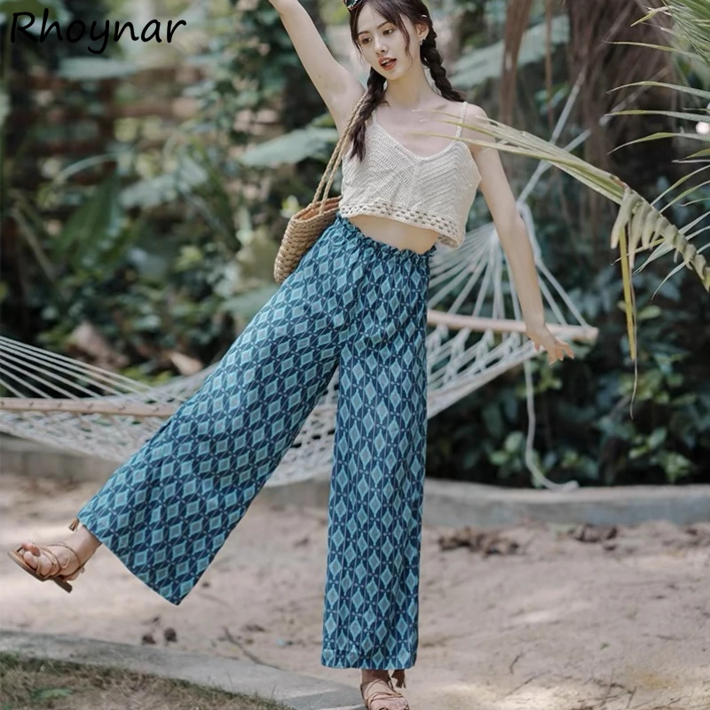 

Pants Women Summer Girls Folk-style Printed Elastic Waist Vacation Loose Slender Thin Ulzzang All-match Designed Trendy Drape