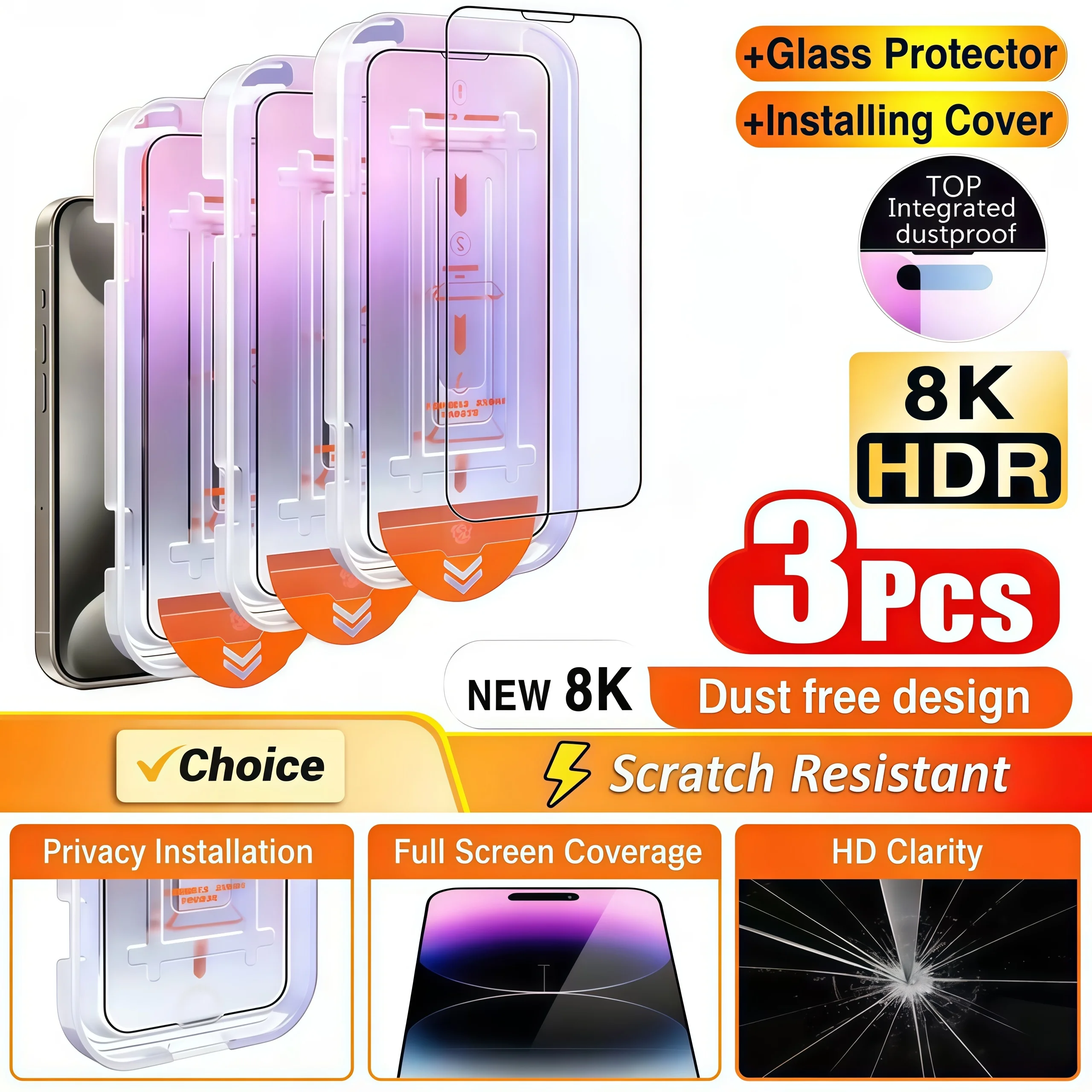 3Pcs Oleophobic Coating Dust Free Easy Installation Screen Protector for iPhone17 16 15 14 13 12 11ProMax 15 16Plus 17Air Glass