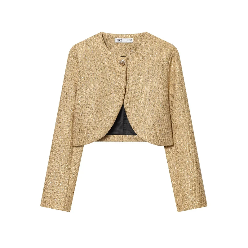 Women Chic Tweed Style Metallic Thread Jacket Gold Cropped Long Sleeve Coat 2025 Autumn Elegant Outerwear Fashion Party Jackets