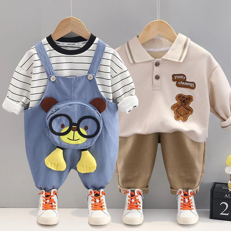 

Spring and Autumn Boys Striped Hoodie Long Sleeve Suit Boys Cartoon Lapel T-shirt Long Sleeve Top Trousers Children's Suit