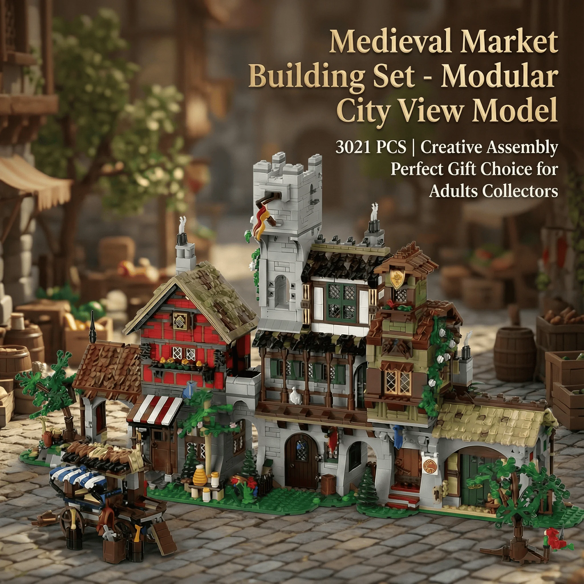 3021-teiliges Mittelalterliches Marktplatz-Baukasten-Set, Retro-Architektur-Straßenansicht, Modulare Bausteine, DIY Kreatives Spielzeug, Geschenk für Erwachsene – Detail 2