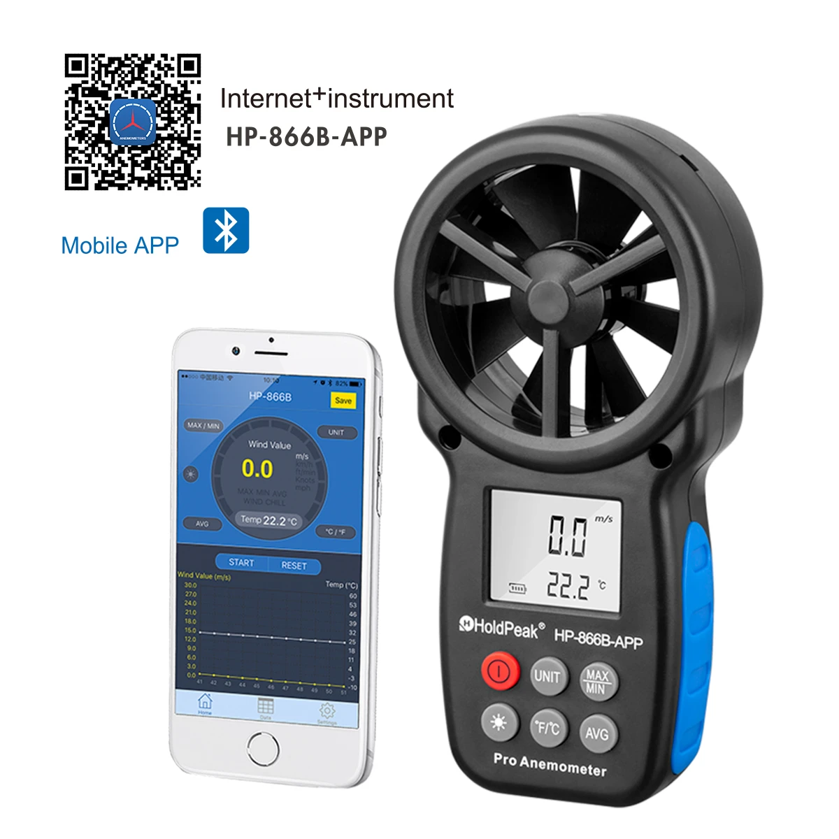 Hp-866B-App Anemometro Velocità Del Vento Connessione Retroilluminata Lcd All'App Mobile Valore Medio, Valore Massimo/Minimo Holdpeak-866B-App