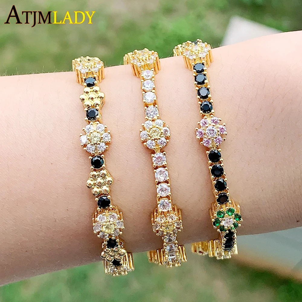 Nuovo Arrivato Rainbow Colorful Cz Tennis Link Chain Per Le Donne Ragazze Iced Out Bling Cubic Zircone Pavimentato Daisy Flower Bracciale