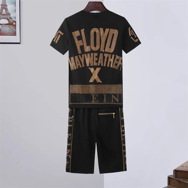 

Men's T-shirt Set Spring Summer New Classical Fashion Brand Pattern Rhinestone T-shirt Pullovers Shorts Casual Two Piece Set