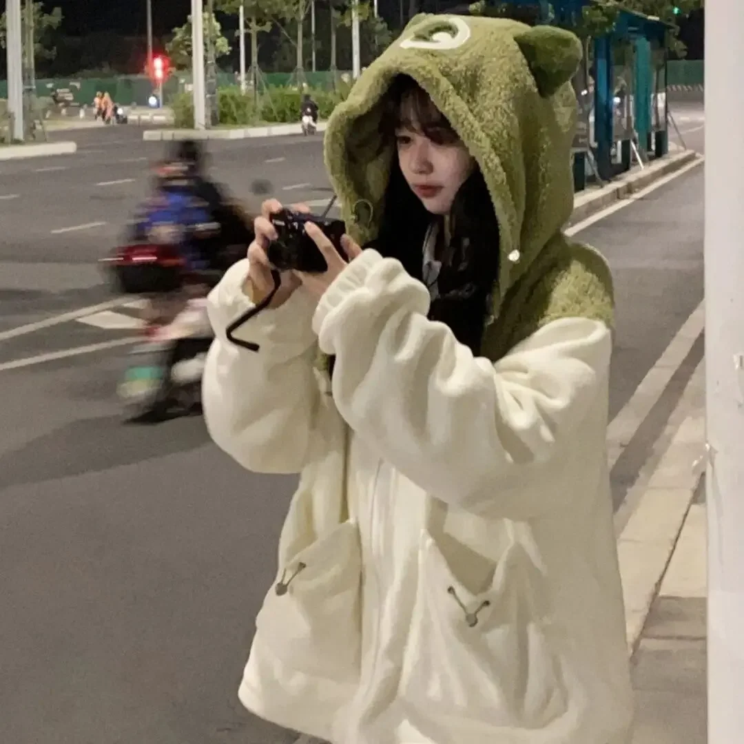Korean style lazy style lamb plush hooded sweatshirt for women loose design cardigan jacket plus velvet top trend zip up hoodie