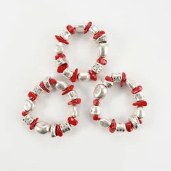Bohemian Red and Antiqued Silver Beaded Stackable Bracelet Set (MW240708021G765)
