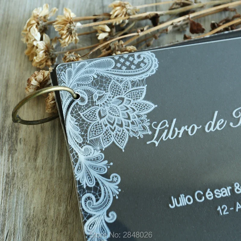Engraved lace with names wedding guestbook,clear acrylic Wedding Mr&Mrs guest book, personalised sign in album