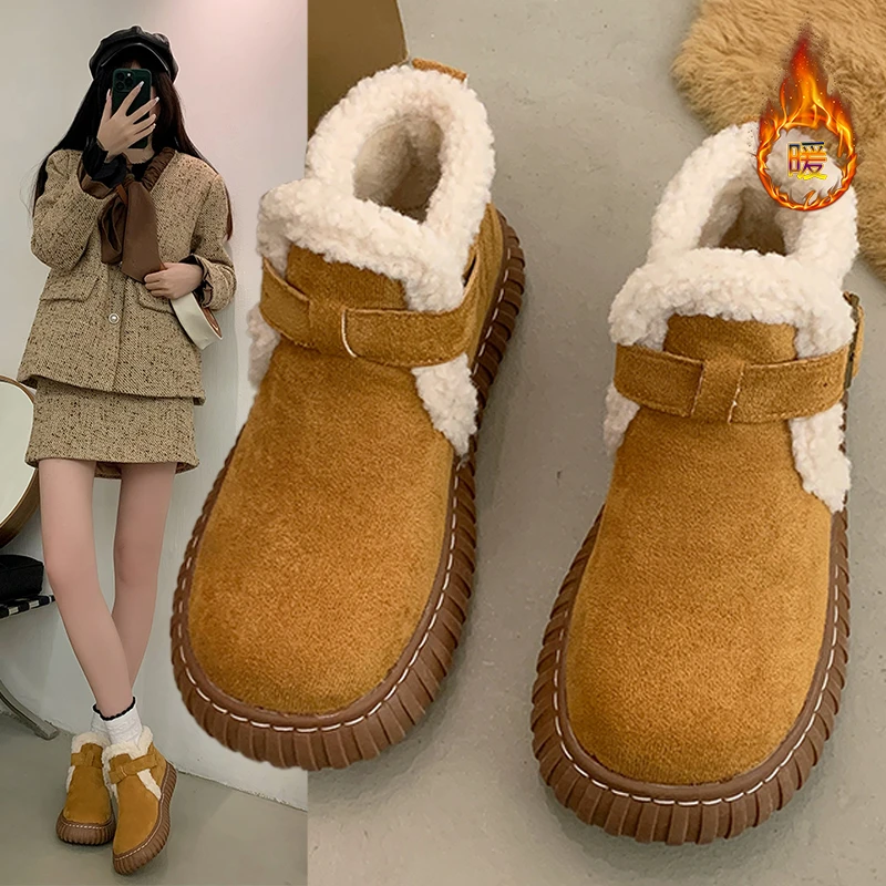 

Round Toe Flat Heel Shoes Boots Women New 2023 Plush Australia Winter Footwear Med Ladies Fur Rubber Snow Lolita Ankle Rome Bas