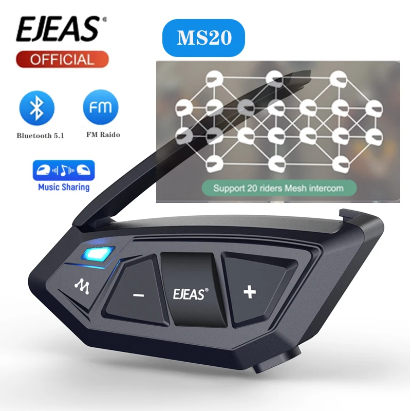 

EJEAS MS20 Motorcycle Bluetooth Headset Mesh Intercom For 20 Riders Group 1500M Talking At The Same Time Music Sharing FM IP67