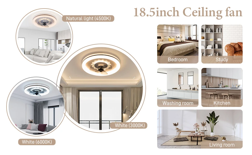 18.5 Inch Ceiling Fan with Lights, Low Profile Fan W/ Remote Control Semi Flush Mount Tri-Color Fandelier with 3 Hidden B
